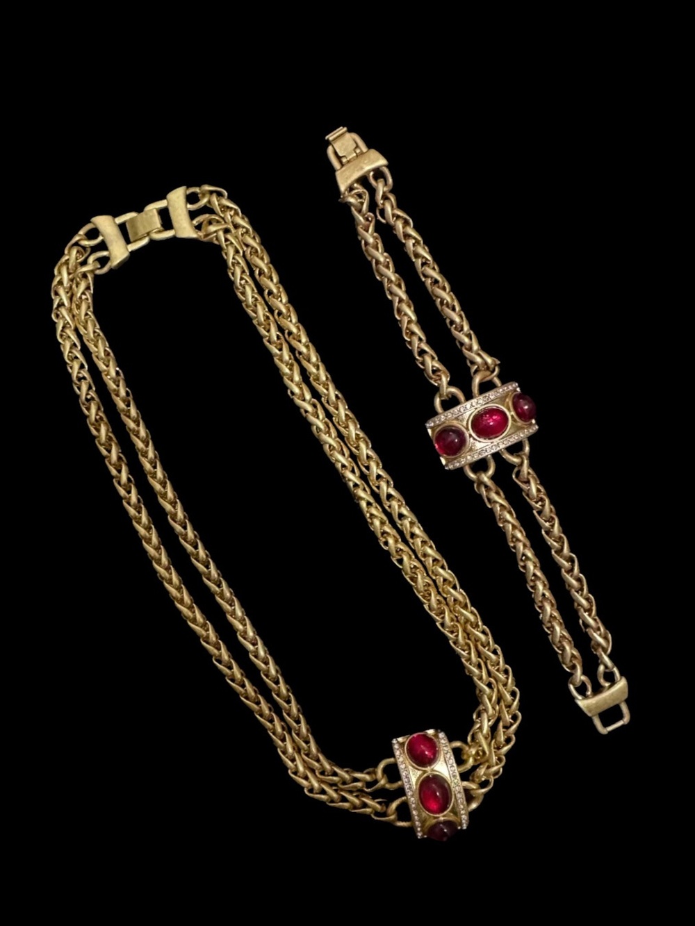 Gold-Tone Necklace and Bracelet Set with Red Cabochon Accents